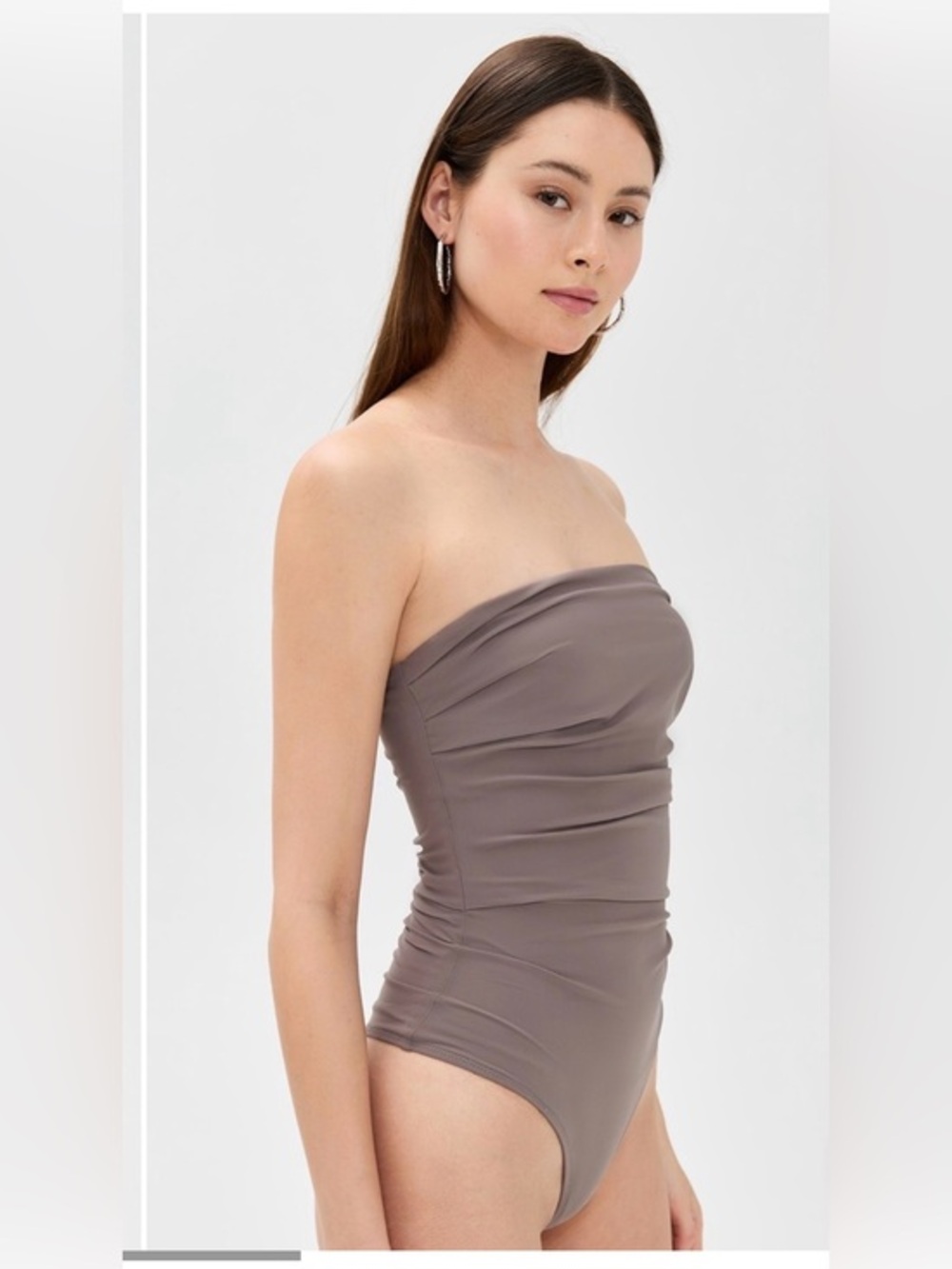Agolde Ruched Strapless Bodysuit Taupe Nude Minimalist Stretch S